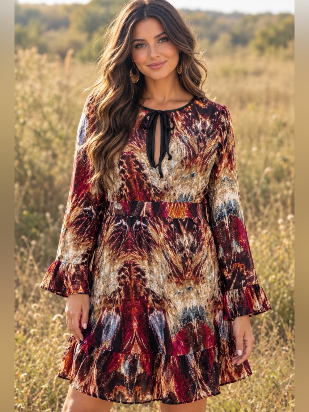 CONTEXT Boho Empire Waist Ruffles Bell Sleeve Keyhole Dress Womens Size S - NWT